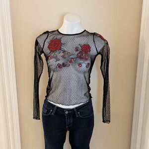 American Eagle black sheer lace top with red floral embroidery size XXS